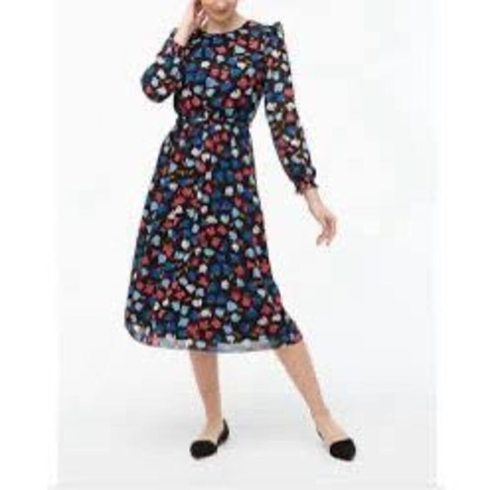 J. Crew Women's 8 Ruffle Shoulder Tiered Midi Dress Black Tulip Print Modest